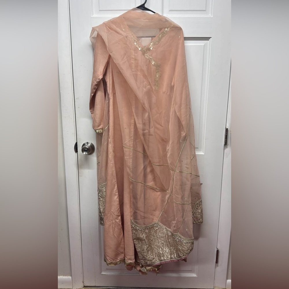 Peach Embellished Ethnic Dress with Gold Accents